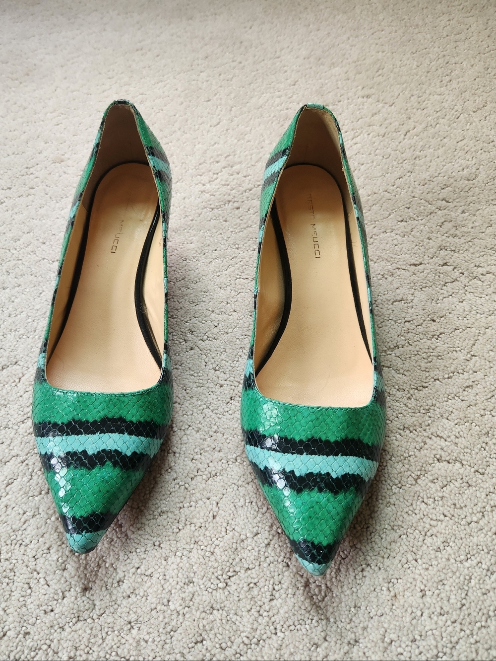 Sesto Meucci Beitris Green and Black Snake Prinr Pointed-Toe Kitten Heel Pumps